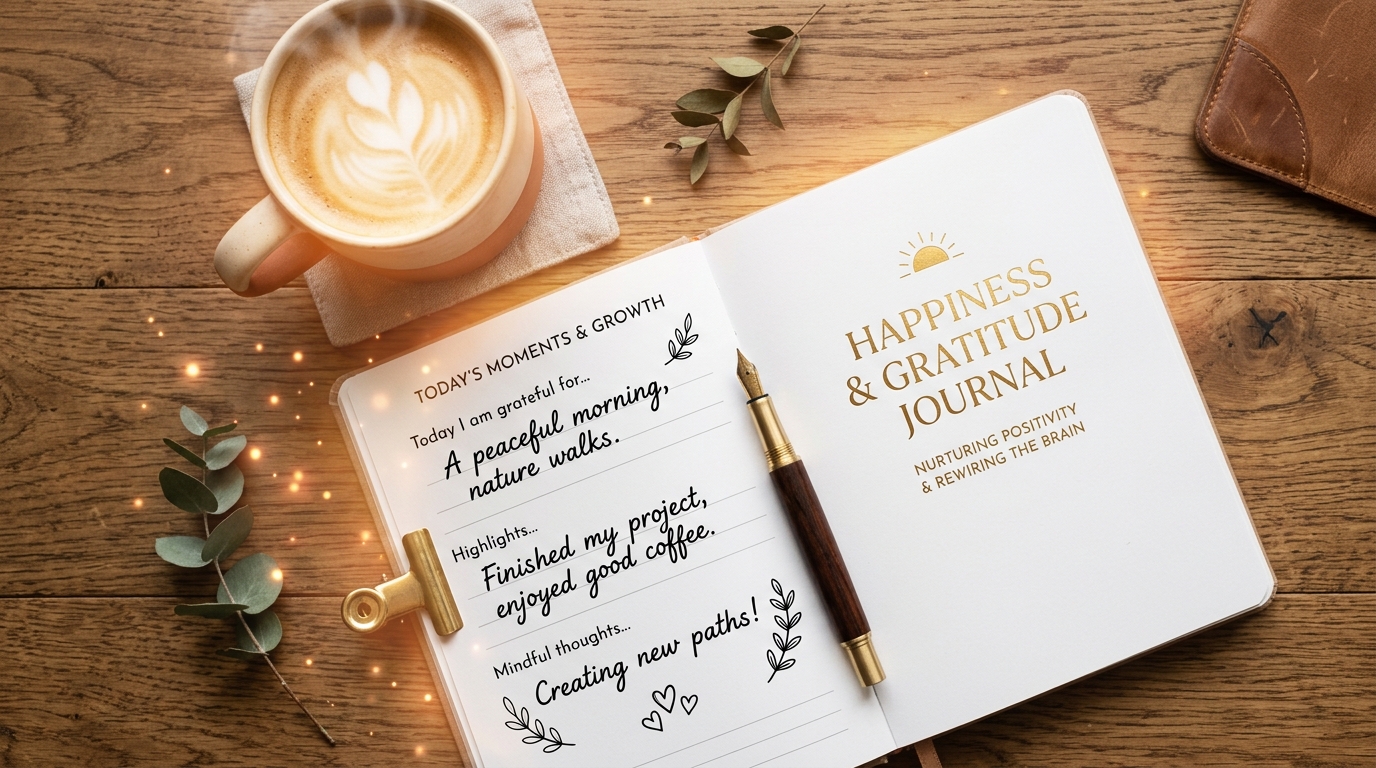 A person writing in a happiness journal on a wooden desk