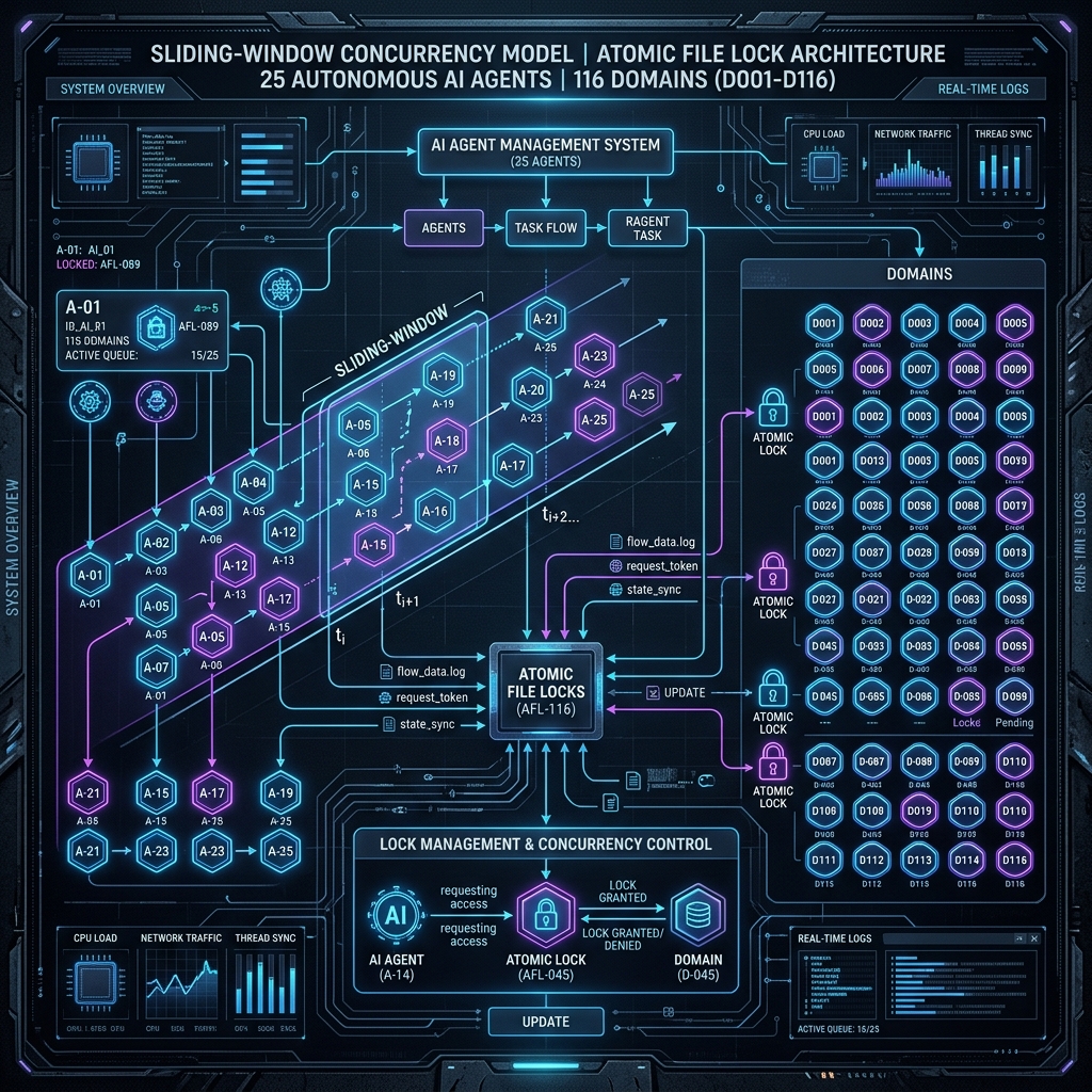 A highly technical diagram illustrating the sliding-window concurrency model and atomic file locks used to manage 25 autonomous AI agents across 116 domains.
