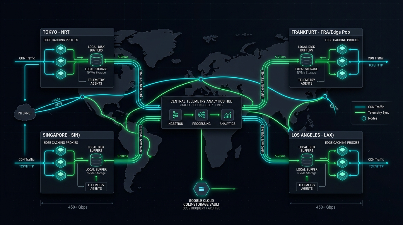 Global Multi-Region Edge CDN Telemetry Synchronization and Cloud Storage Architecture Diagram