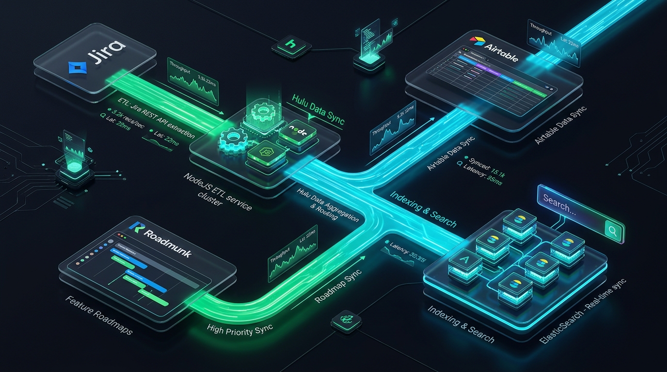 Hulu NodeJS ETL Architecture diagram integrating Jira API, Airtable, ElasticSearch, and Roadmunk