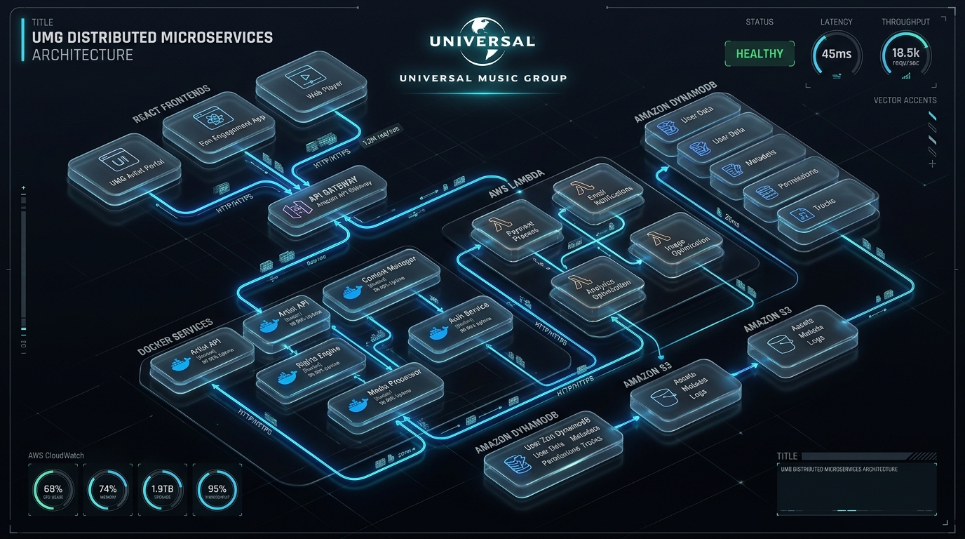 Universal Music Group AWS Microservices Architecture with AWS Lambda, Amazon DynamoDB, Docker Swarm, and ReactJS