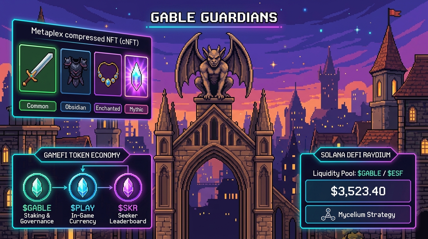 Gable Guardians ($GABLE) 2D Pixel Art Solana MMORPG in Runar City with Metaplex cNFT Gear and $3,523.40 Raydium GABLE/ESF Pool
