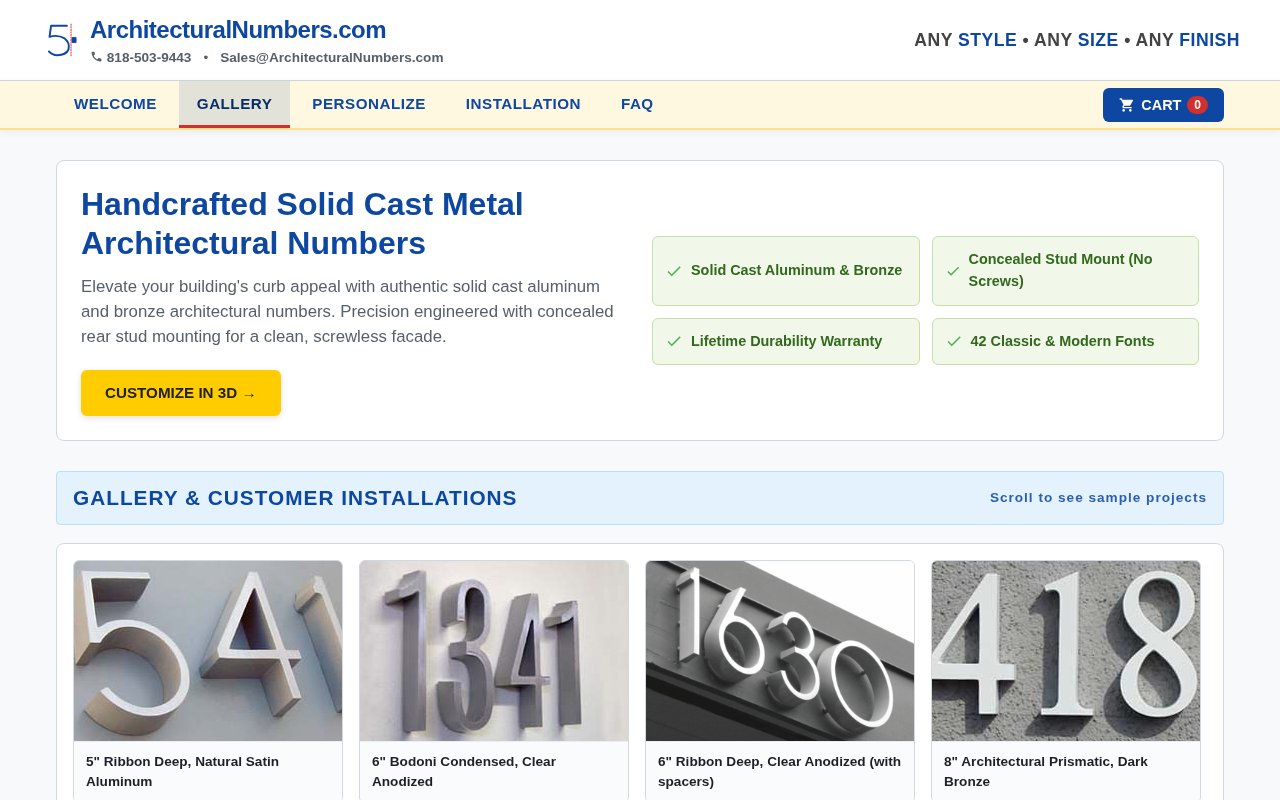 ArchitecturalNumbers.com modern consolidated storefront featuring SignBuilder 2.0 interactive configurator