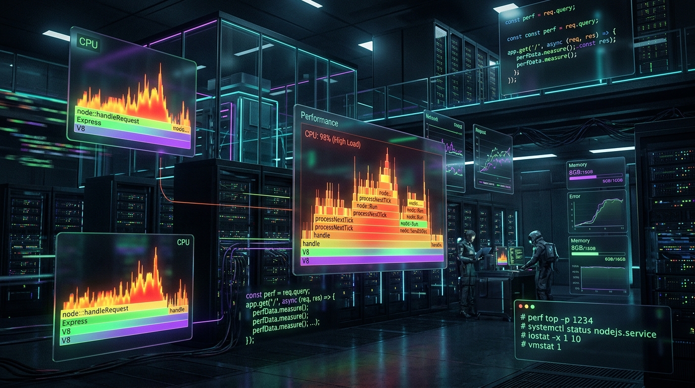 A cinematic illustration showing abstract server performance metrics with glowing heatmap data visualizations and code snippets
