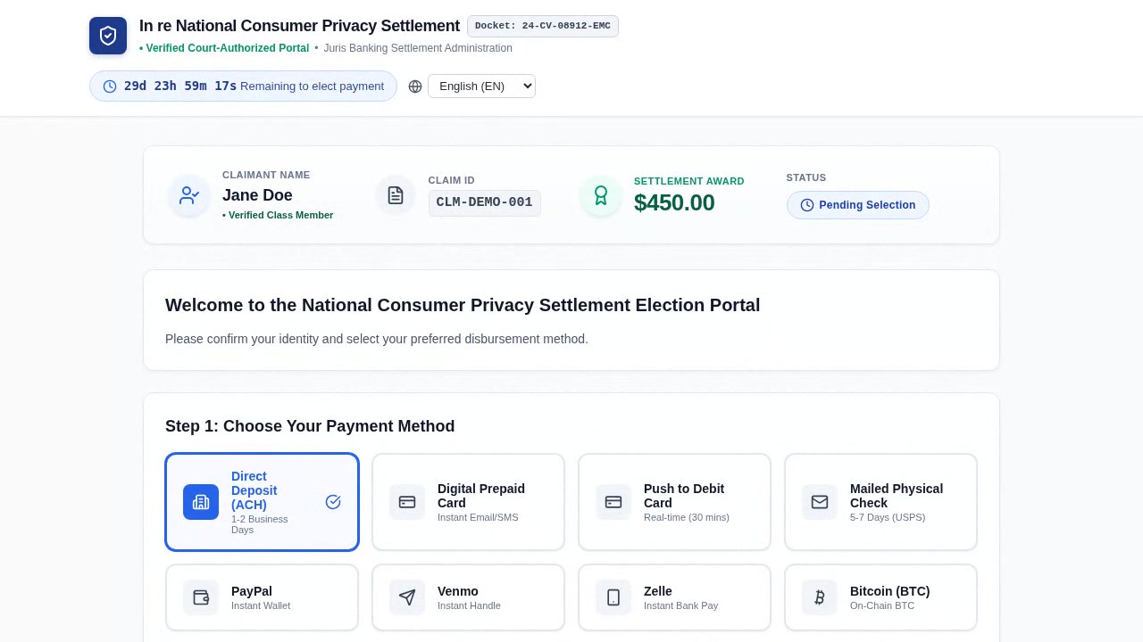 JurisBanking Claimant Payment Portal with 9 Payment Rails
