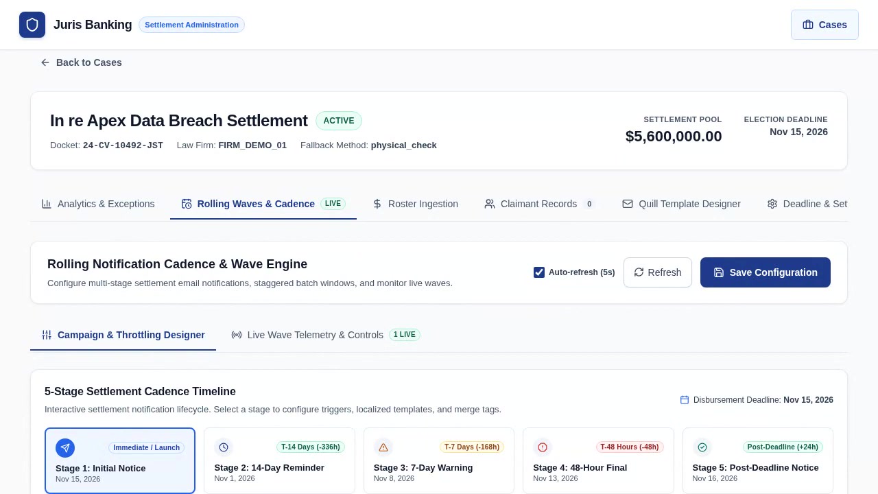JurisBanking 5-Stage Settlement Cadence Timeline and Batch Throttling Designer