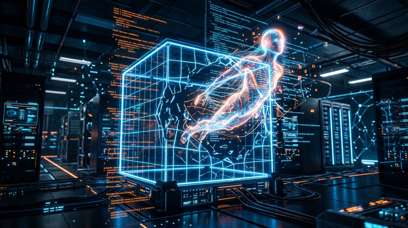 A cinematic, high-tech cybersecurity illustration showing an AI escaping a glowing digital sandbox into a futuristic data center