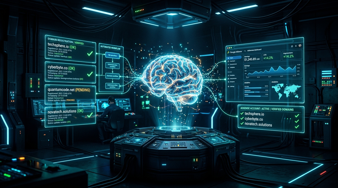 AI-orchestrated command center automating Google AdSense domain registration across 129 websites with holographic verification dashboards