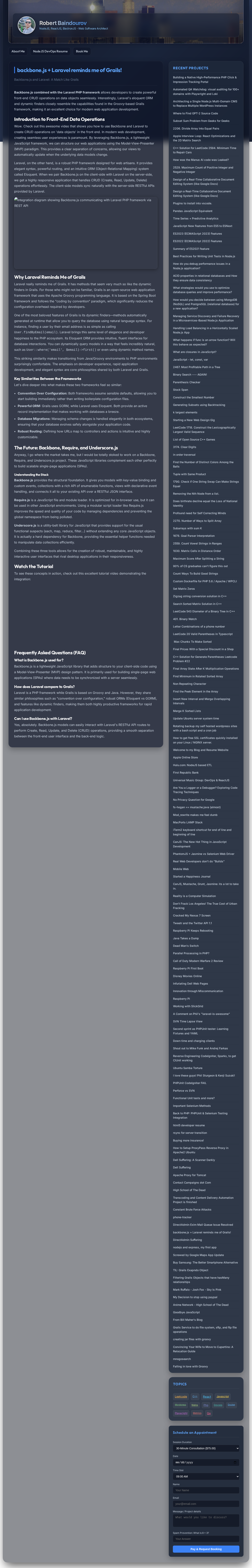 Integration diagram showing Backbone.js communicating with Laravel PHP framework via REST API