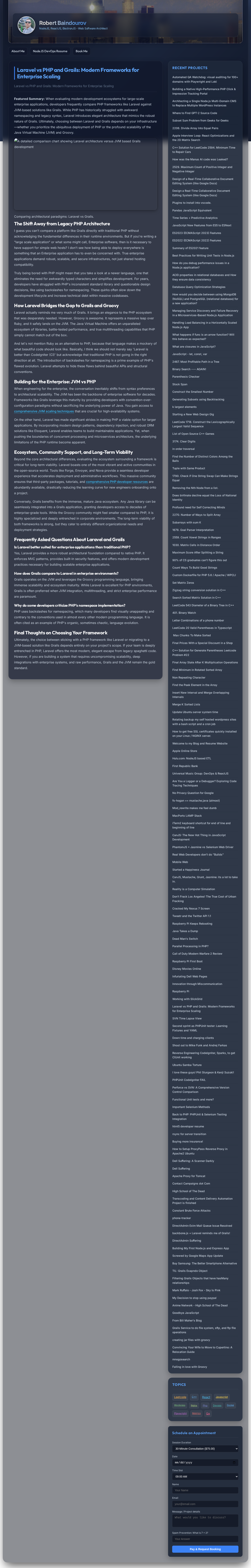 A detailed comparison chart showing Laravel architecture versus JVM based Grails development
