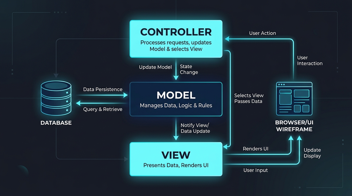 MVC Architecture diagram showing Model View Controller data flow with database and browser