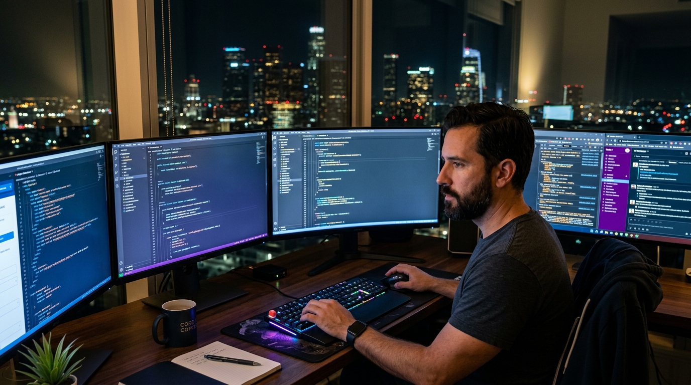 Robert Baindourov full-stack web developer working at a multi-monitor workstation in Los Angeles