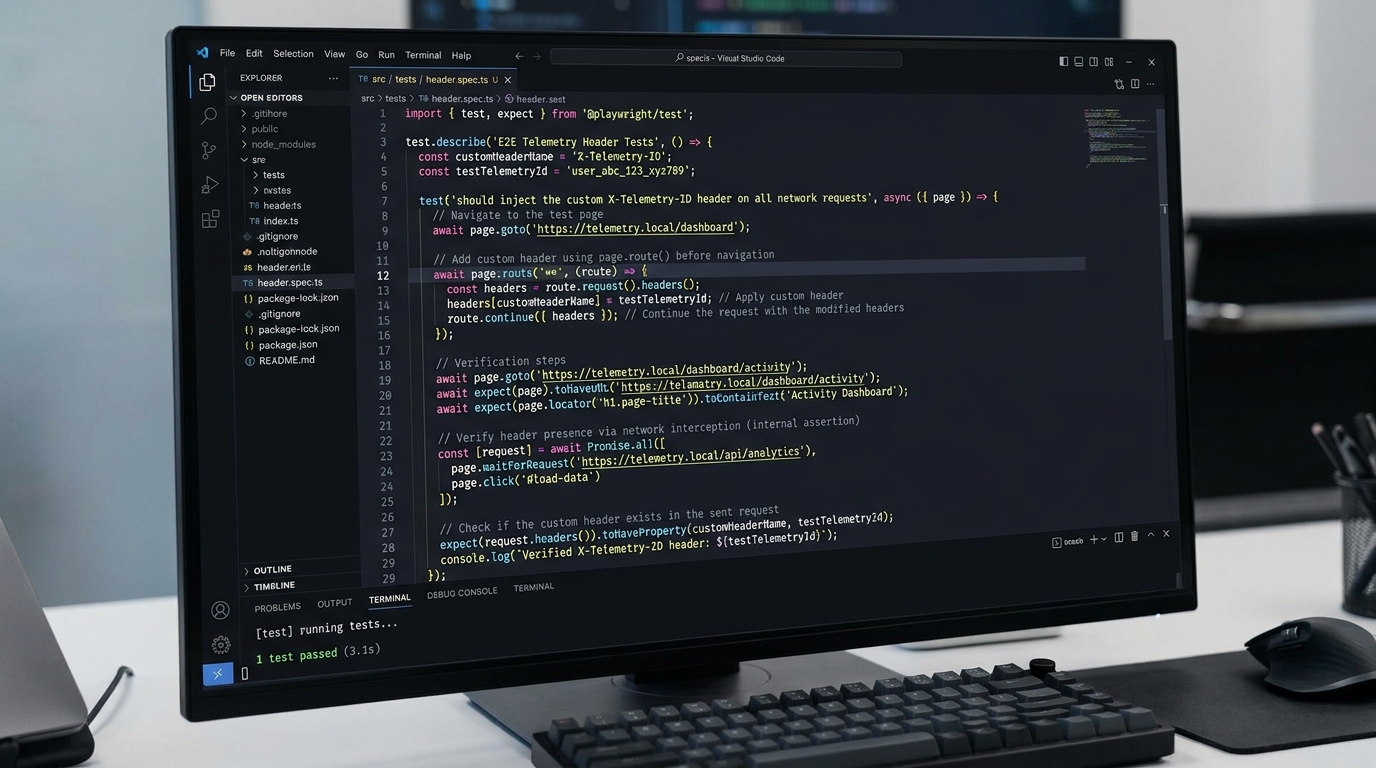 Code snippet showing X-Telemetry-ID header injection in a Playwright test script