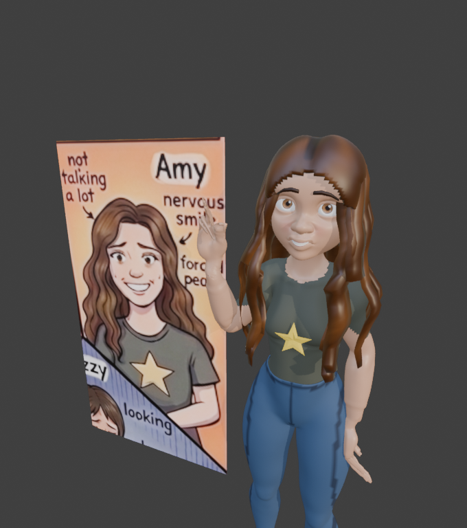 Blender 3D render of Stylized Amy with long wavy brown hair, wide open-teeth nervous smile, olive star tee, and articulated 3D V-Peace sign