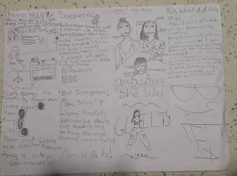 Original smartphone photograph of Ella's hand-drawn 8-panel pencil comic strip 'Forensics HUNT!' on paper