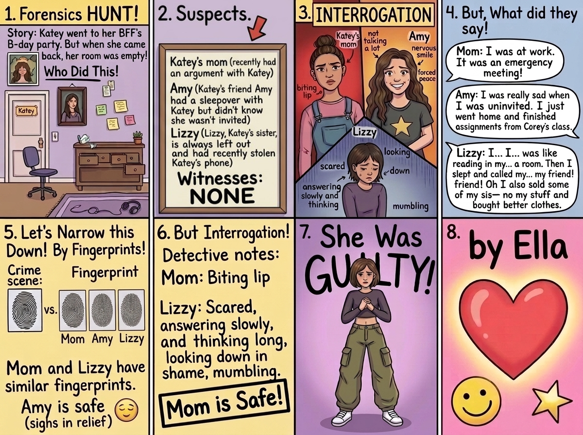 Forensics HUNT! 8-Panel Colored Comic Strip by Ella with all 5 continuity edits applied