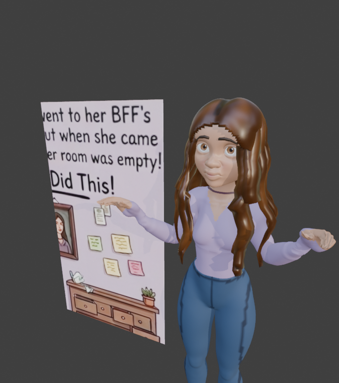 Blender 3D render of Stylized Katey with long dark brown hair, velvet choker necklace, lavender V-neck sweater, and denim jeans