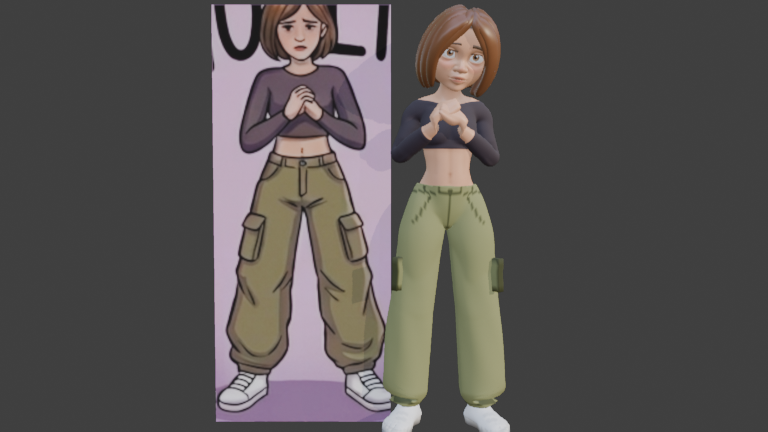 Blender 3D render of Stylized Lizzy showing front, three-quarter, and side views of her chin-length brown bob, crop top, olive cargo pants, and nervous interrogation pose