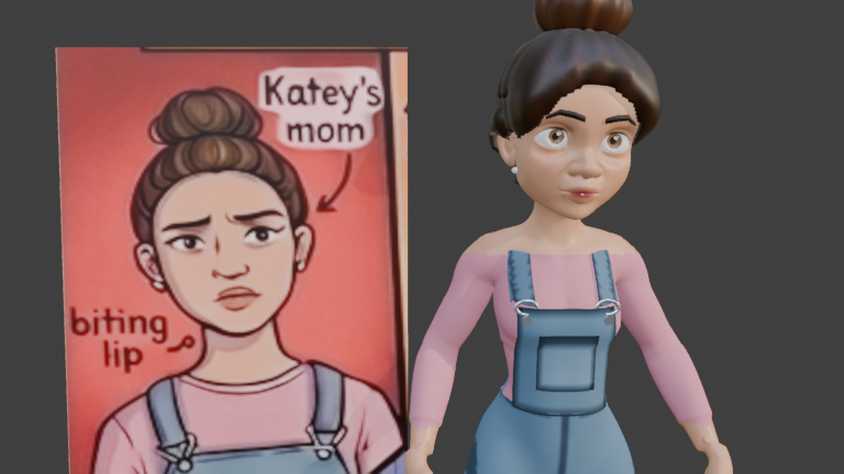 Blender 3D render of Katey's Mom with pulled-up bun, pearl earrings, biting-lip expression, pink crew-neck shirt, and raycasted blue denim overalls