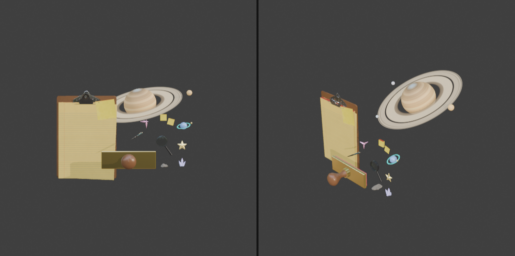 Blender 3D render showcasing the colossal ringed Saturn backdrop, Detective Clipboard, Poly Haven Magnifying Glass, turned-walnut Rubber Stamp, and cosmic crystals built for Forensics HUNT!