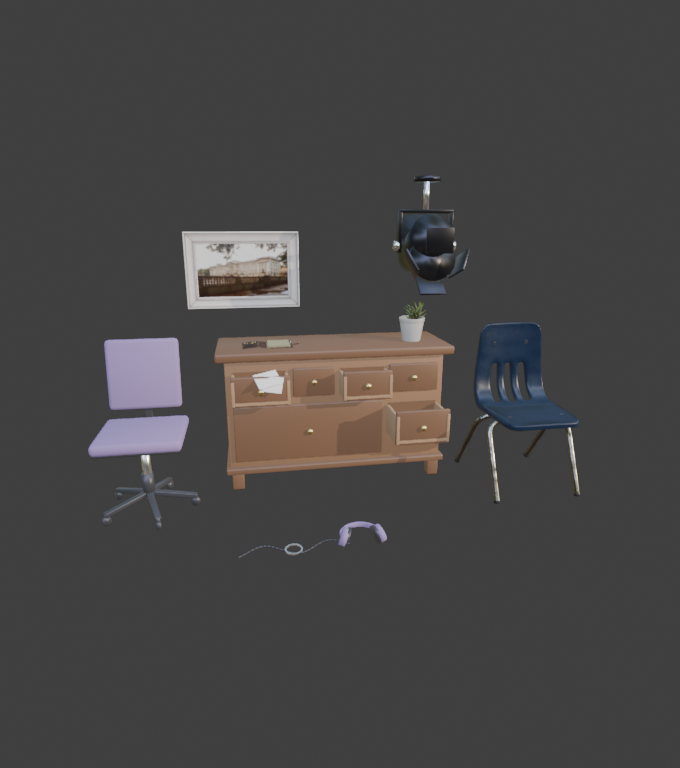 Blender 3D render of bedroom and interrogation stage props including walnut dresser with open drawers, purple rolling swivel chair, Poly Haven succulent, open binder notebook, interrogation chair, and theatrical spotlight