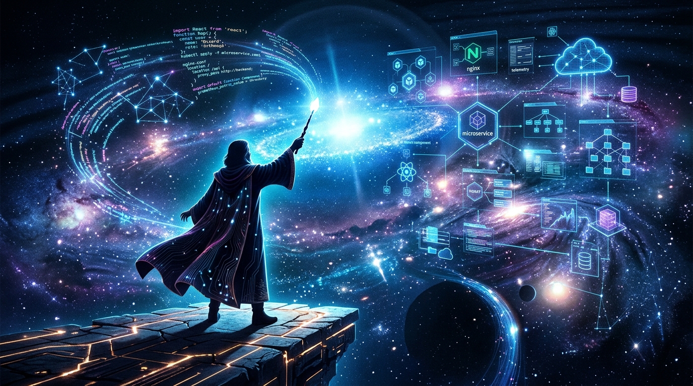 A wizard standing at the edge of a digital cosmos, casting code streams and holographic architecture diagrams with a luminous wand
